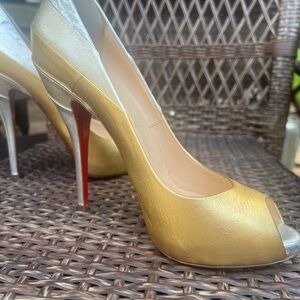 Louboutin Peep-Toe Metallic Gold/Silver Heels